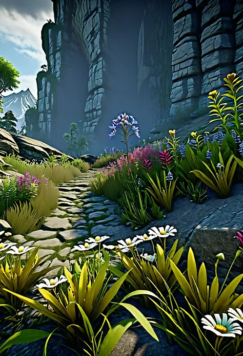 wildflowers, 8k, hyper detailed, jurassic, darksiders