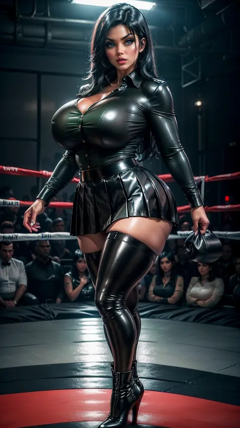 (best quality,highres:1.2), (ultra-detailed), (realistic:1.37), (HDR,UHD), (physically-based rendering), ((curvy thicc mature Denise Milani)), ((black leather long-sleeved formal army shirt, buttoned up:1.5)), ((long black leather pleated skirt:1.5)), ((ny...