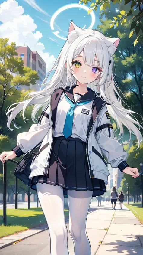 white hair，long hair，cat ear，heterochromia（blue on the left and yellow on the right），campus clothing，white pantyhose，loli body t...