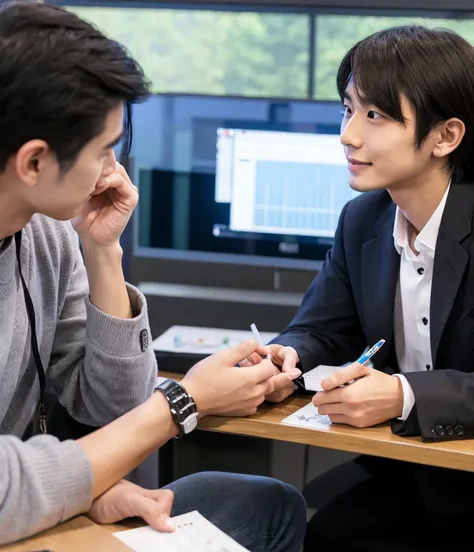 Realistic photos、A 27-year-old Japanese man attending a meeting at work、Not looking at the camera、