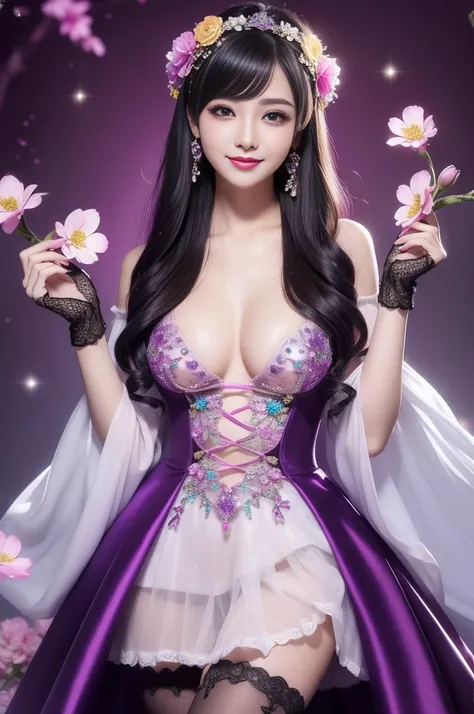 sexy woman who controls poison、beautiful smile、lip-gloss、long lasheetallic makeup、full body Esbian、、sparkling poisoned flower costume、、、、sparkling Colorful hair、secrete poison、skull hair accessories、sexy tights、flowers background