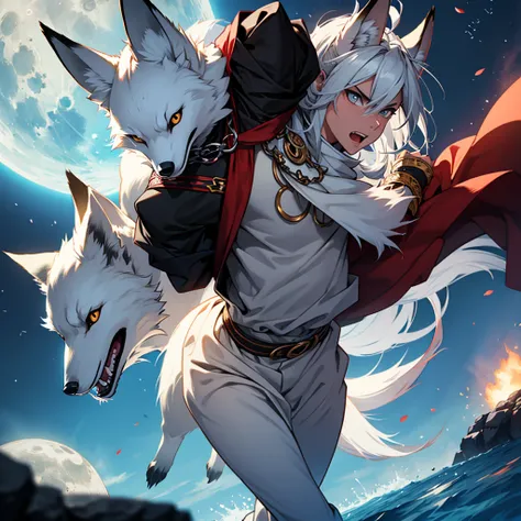 Moonlit night, A white fox with nine tails runs, Active fox behavior, angry fox