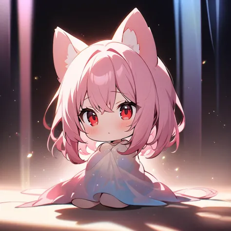 Top quality, masterpiece, chibi character, pink hair, animal ears girl, red eyes, dark background, double exposure, shadows covering the body, fantastic light curtain,モノクロ