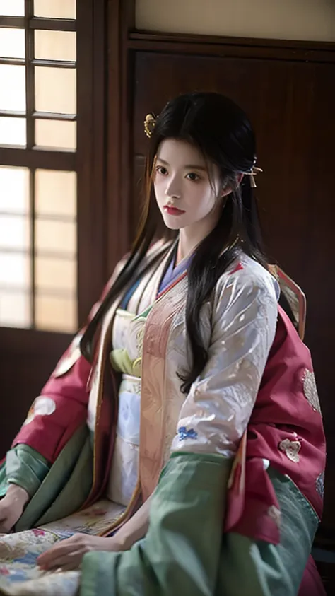 a beautiful 15-year-old japanese princess from the sengoku period with long black hair　gorgeous embroidery, ultra glossy, she is...