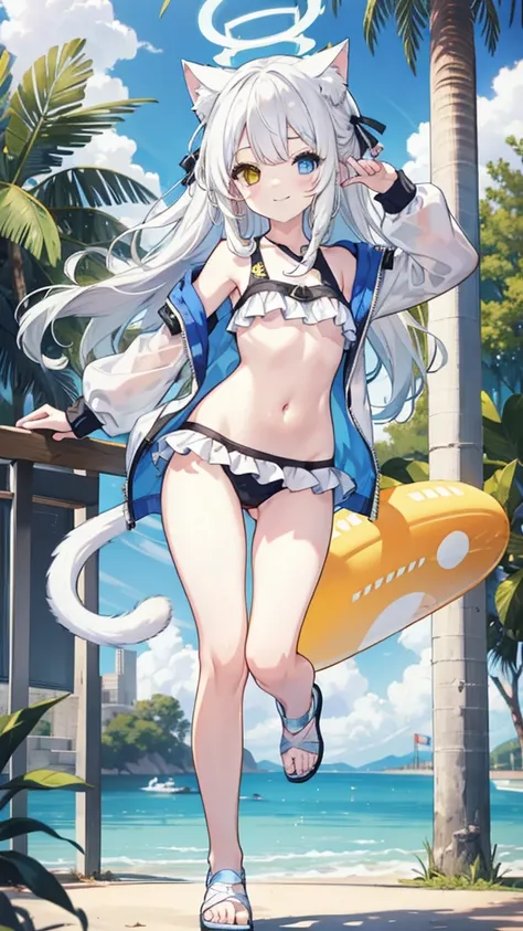 White hair，Long hair，Cat ear，Heterochromia（Blue on the left and yellow on the right），swimsuit，Loli body type，Smile，Halo，in the park