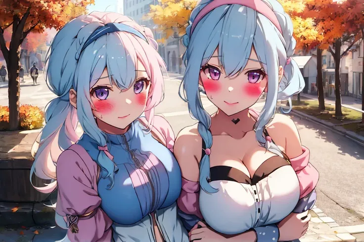 Modern city,Fluffy hair,Light blue hair,Blonde,Light pink hair,Headband,Braid,Autumn outfit,Short clothing that shows the buttocks,The sleeves of the dress are a little long,I can see a little cleavage,Moe sleeves,Date,Several people hugging each other,Emb...