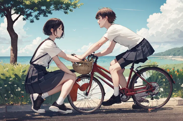 (masterpiece:1.2),best quality,pixif,
bluth,bike,1 girl,ground vehicles,1 boy,outdoor,bike basket,sky空,cloud,shirt,skirt,multipl...