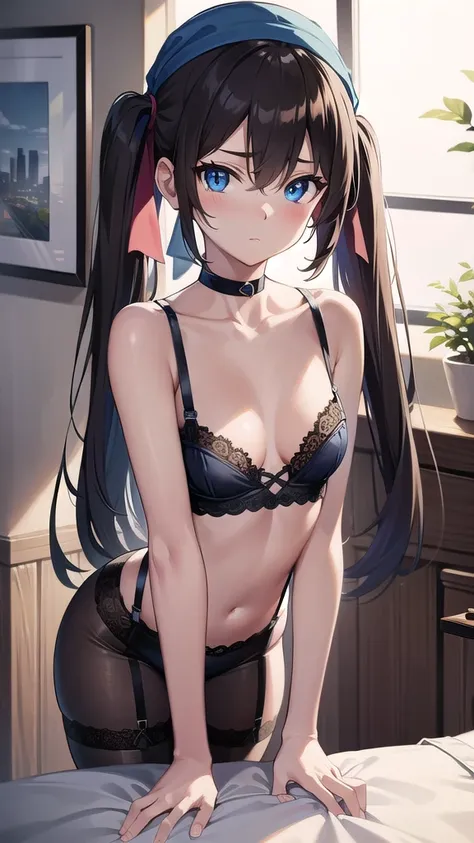 pokemonmay, pokemonmay, blue eyes, brown hair, bandana, long hair,bandana, twintails, hair between eyes, (small breasts:1.2), lace bodysuit,stocking suspenders,cleavege,neckline,black choker, BREAK looking at viewer, BREAK ,room,candles, night, silk bed, B...