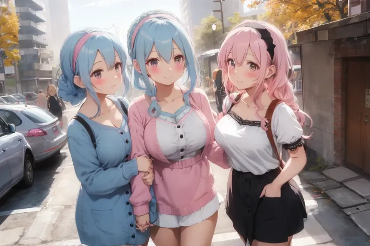 Modern city,Fluffy hair,Light blue hair,Blonde,Light pink hair,Headband,Braid,Autumn outfit,Short clothing that shows the buttocks,The sleeves of the dress are a little long,I can see a little cleavage,Moe sleeves,Date,Several people hugging each other,Emb...