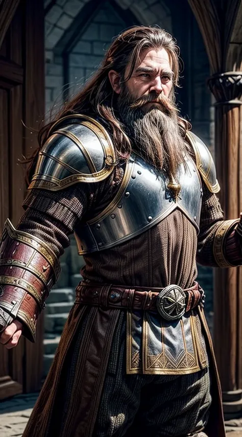 fantasy character, dwarf, brown hair, long beard, shiny armour, plate armour