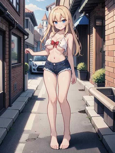 girl，（masterpiece，Highest quality），Street，(Completely naked)，Bare shoulders、Gal、Blonde、smile、passionate、long hair、(Underboob)，Big Breasts，Cleavage，Mini tube top、looking at the camera、shoeicro Mini Denim Shorts(Open button)，solo、Are standing、barefoot，