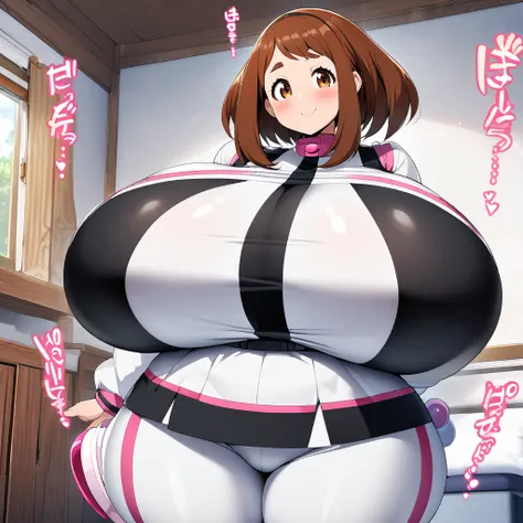 uraraka ochako,1girl,solo,Females in heat,blush,asui hero costumes,gigantic huge breasts,looking at viewer,standing up,house,in room