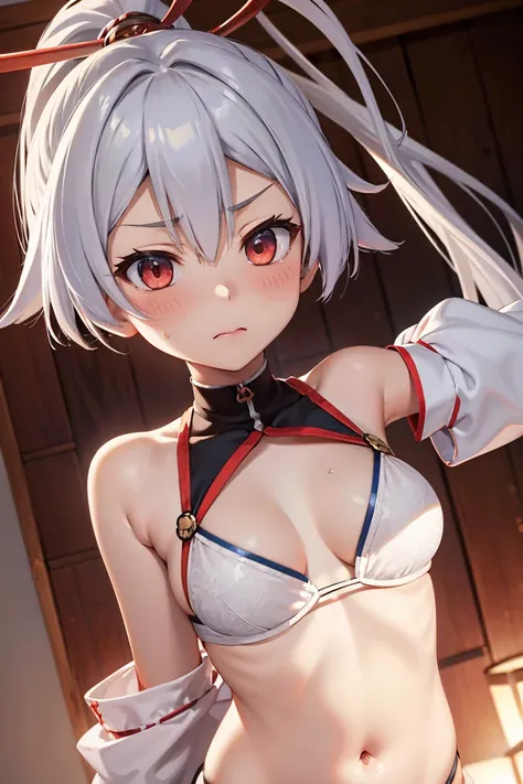 Tomoe Gozen、Detailed Description、high resolution、One Girl、Slender、Silver Hair、long hair、ponytail、(blush)、Troubled face、White bra、White panties、Leaning forward、Looking up、belly button