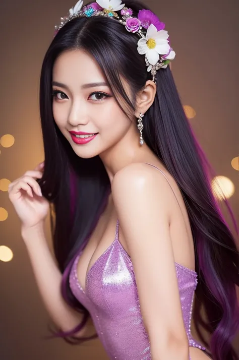 sexy Thai model who controls poison、beautiful smile、lip-gloss、bold lipstick、intense makeup、look at the camera、full body Esbian、、sparkling poisoned flower costume、、、、sparkling Colorful hair、secrete poison、skull hair accessories、sexy tights、shiny sparkling f...