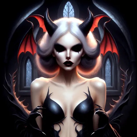 a close up of a woman with a bat on her head, beautiful succubus, beautiful elegant demon queen, succubus | medieval, beautiful vampire queen, succubus, beautiful vampire female queen, portrait of demon girl, in style of dark fantasy art, in style of anne ...