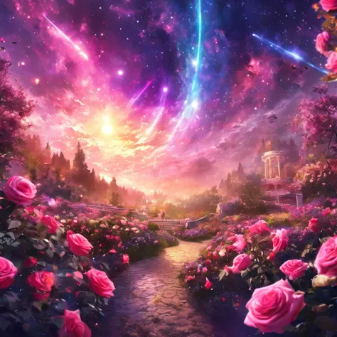 masterpiece, concept art, panorama, in the center, figure, wide shot, flower garden, night, (Meteors), Space galaxy background, (magnificent composition, epic proportions), dynamic lighting, Bright colors, pink roses,landscape