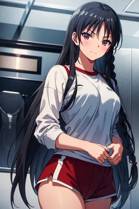 (masterpiece:1.3), (best quality:1.1), (8k, ultra detailed, ultra high res:1.2), ((anime style)), perfect 5 fingers, perfect anatomy, 
1girl,
BREAK long hair, braid, black hair, red eyes, smile, (medium breasts:0.9), 
BREAK school gym clothes, cowboy shot,...