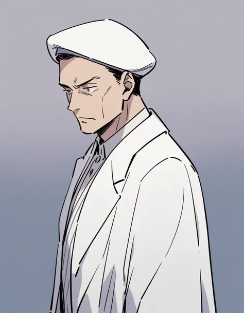 A suspicious man in a white coat, Calm expression, 40s, whole body