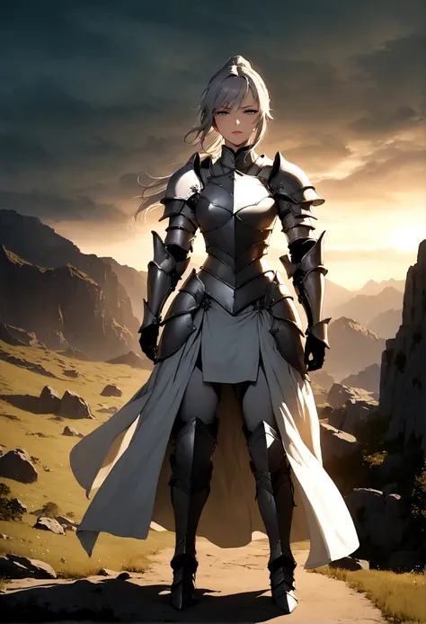 Beautiful girl knight in armor, Gray Hair, tsurime, fantastic, Face your body forward like a certificate photo, shoot from front, Ponytail, Armor Girl, beautiful female knight, Female Paladin, pale blue eyes, narrowed eyes squint, full body