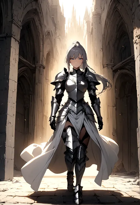 Beautiful girl knight in armor, Gray Hair, tsurime, fantastic, Face your body forward like a certificate photo, shoot from front, Ponytail, Armor Girl, beautiful female knight, Female Paladin, pale blue eyes, narrowed eyes squint, full body