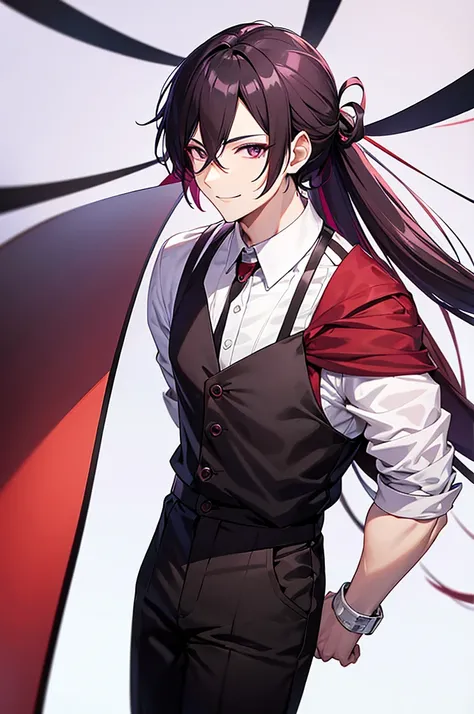 Black and red mesh hair、Purple Eyes、White background、Anime characters、Hair tied together、A man wearing a white shirt and a black vest、Black trousers、Leather shoean standing and smiling、Man standing facing forward、Adult male