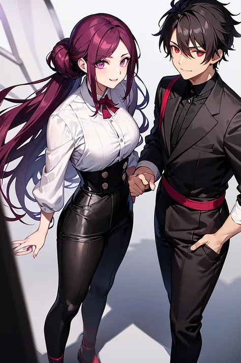 Black and red mesh hair、Purple Eyes、White background、Anime characters、Hair tied together、A man wearing a white shirt and a black vest、Black trousers、Leather shoean standing and smiling、Man standing facing forward、Adult male