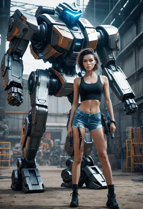 Full body shot of a beautiful female model in short shorts and a tank top, holding two large futuristic weapons on her back standing next to a giant robot mech in the background, in a cinematic style, with detailed unreal engine rendering