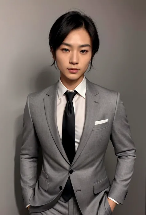 Let a 30-year-old，Wearing a black suit，Handsome Chinese man wearing a tie, CEO, Brown hair and beard, (Man in gray suit and tie), ), (Use a beard,) Charming and serious appearance, Short black hair, Elegant Fashion, Shaver with suit and strong body, (high ...