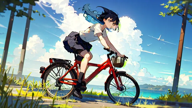 best quality,,bike,1 girl,outdoor,bike basket,sky空,cloud,shirt,skirt,,ocean,white shirt,sky,horizon,black hair,depth of field,wi...