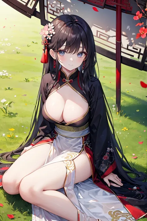 Beautiful Chinese girl，Wearing Hanfu，（transparent），Black long hair，watcher，Sitting on the grass，Lovely，A slight smile on the face，Large bust，Beautiful breasts are long and sagging，Cleavage close-up，（fit:10.0)，Peerless Beauty，Wearing Chinese ancient jade ha...