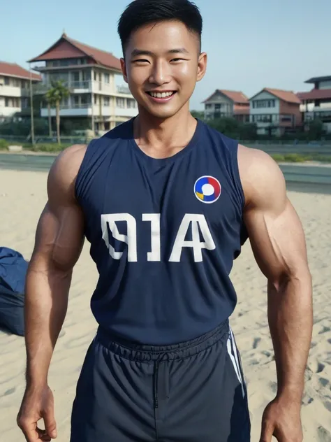 (Create a masterpiece: 1.2),(CGI art:1.3),(realistic:1.5),(After processing:1.3), (Sharp focus:1.3), 1 man, open mouth, smile, (Navy blue round neck shirt), Navy cargo pants, Korean guy , korean men, (High gloss details), chest muscles, large arm muscles, ...