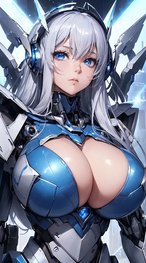 ((Extreme close up:1.6))、(((Lenses shining on both breasts:1.3)))、((A blue pillar of light emanates from both of his chests..:1.3))、break、(((Dynamic pose:1.8)))、smile、((8K)), ((32k)), ((Highest quality)), ((masterpiece)), ((超A high resolution)), ((Tmasterp...