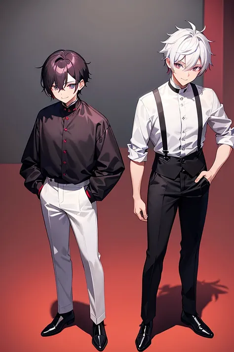 Black and red mesh hair、Purple Eyes、White background、Anime characters、Hair tied together、Wearing a white shirt and a black vest、Black trousers、Leather shoes、Standing smiling、成人male性、male