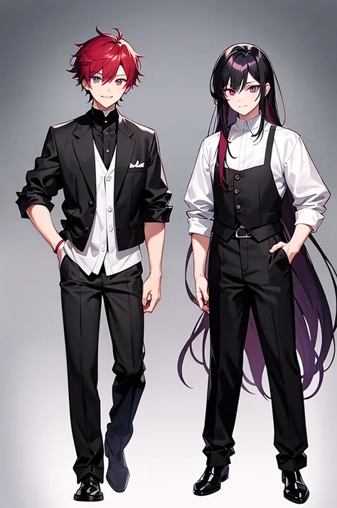 Black and red mesh hair、Purple Eyes、White background、Anime characters、Hair tied together、Wearing a white shirt and a black vest、Black trousers、Leather shoes、Standing smiling、成人male性、male