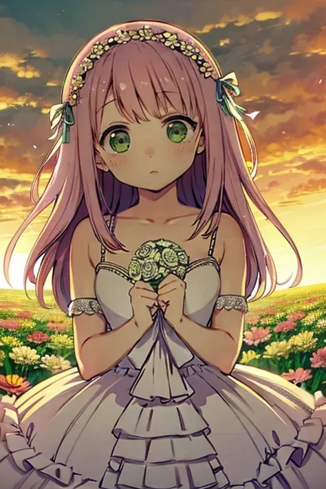 a girl with pink hair and green eyes dressed as a bride, Flower field in the background, True love, blushing cheeks, high quality 