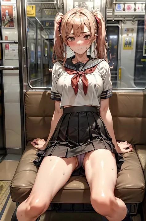 Underboobs,shirtlift ,Open the first button.,clasp hands between thighs,Panty drop,twin tail,POV,Shiny, sweaty thighs:1.5,open legs,Japanese , sitting on a train,Green sheet,sailor uniform, white shirt, red ribbon, brown leather shoes, skirt lift,black ski...