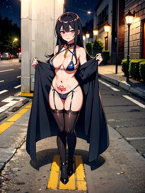 Full-body photo, The most cheap Chinese godness prostitute, streetwhore，streethooker，A very clear face，An open sexy coat，revealing Chinese whore outfit,black sexy  stockings， tatto on the face and breast， Standing by the dirty roadside，soliciting clients o...