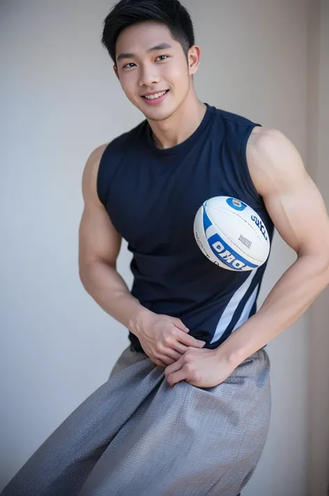 ((Highest quality, 8K, Masterpiece: 1.3))、Thailand Laos Burma Asia, Thai man, A handsome Asian rugby player with short hair, a muscular beard, and big muscles., １A man who has、 yo、Good appearance、Beautiful nose、smile、 Detailed eyes and face、beautiful light...