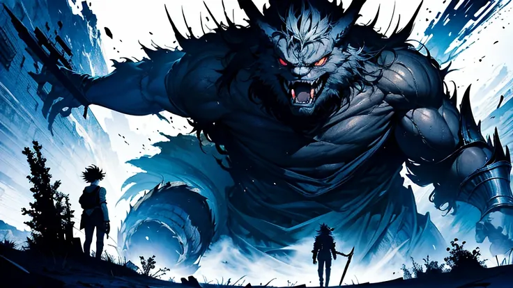 A heroic anime character stands tall and defiant, facing a colossal monster in a dramatic showdown. The perspective is from behind the character, capturing the scene from their viewpoint as they look up at the towering beast. The character is clad in detai...