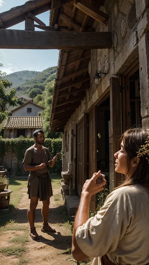 Illustrate a humble farmer, João, receiving a glowing, magical seed from a wise, old sage in a picturesque village setting.