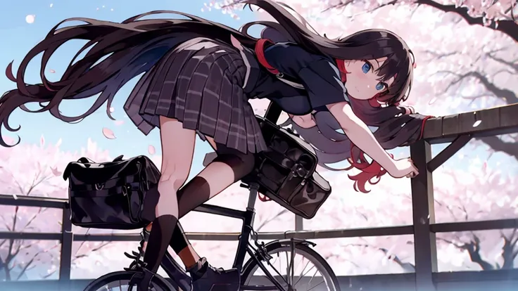 Girl with long flowing hair，Wear students，Carrying a black school bag on the back，Riding a white bicycle in a field of blooming cherry blossoms