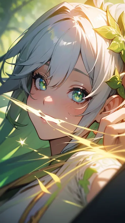 Nahida, Genshin impact, anime girl with green eyes looking at the camera with a beautiful and attractive smile, colorful lens reflections, elf ear, stars in her fixed eyes, light through glass, breathtaking rendering, extreme close-up, anime cg art, cute g...