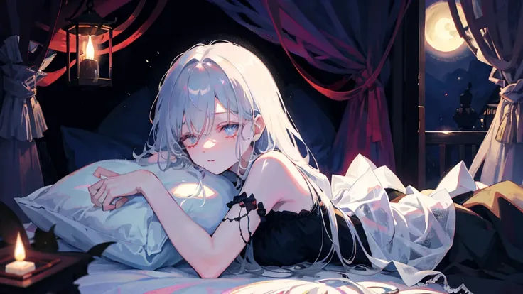 In a room of dark and mysterious hues, bathed in the silver light of the moon filtering through the velvet curtains, rests a young succubus. Her pale skin contrasts with her night-black hair, scattered around her head on the silk pillow. Her wings folded g...