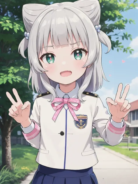 outdoor,((the way)),, 1girl,green eyes, grey hair, hair ornaments, bangs, virtual youtuber,smile,heart shaped pupils, blunt bang...