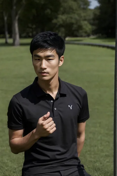 young asian man in a black polo shirt sitting on the grass with a serious expression, looking into the distance Turn your head slightly.，daytime