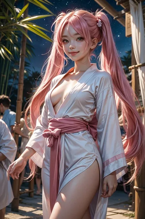 Perfect human body modeling, 1girl, small breasts, beautiful girl, cute girl and idol face, young face, smile, Beautiful long pink hair, twintails, Beautiful shining red eyes, white skin, Short body,  Festival of the Weaver July 7th, blue yukata light cott...