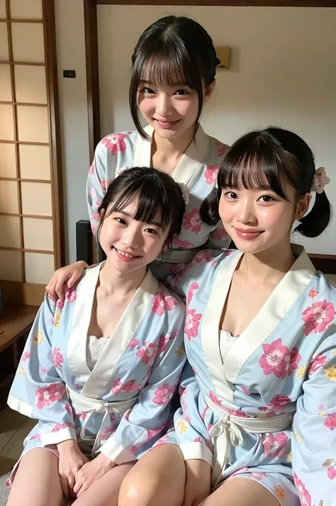 2 girls in ryokan,school trips,long-sleeved floral yukata,white loincloth,18-year-old,bangs,a little smile,thighs,knees,short hair with low pigtails bunches,from below,front light