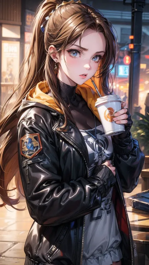 A woman in a jacket holds a cup of coffee, extremely detailed Atjem, Anime girl drinking energy drink, Senna in League of Legends, lovely Brigitte in Overwatch, Brigitte in Overwatch, ruan jia and Atjem, trending Atjem, Faye Valentine, like Atjem, range mu...