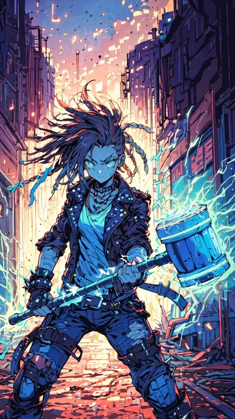 teenager girl with dreadlocks and a determined expression, dressed in a punk rock outfit with ripped jeans and a leather jacket, stands in a neon-lit alleyway. They clutch a massive warhammer in both hands, sparks flying as they unleash a crackling current...