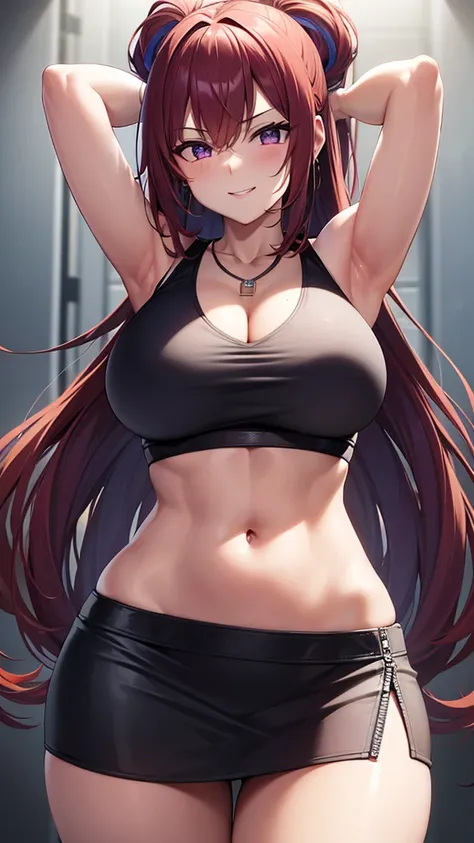 adult, big chestPopular girl, stylish, cleavagefashion, orange hair, wavy hair, long hair, purple eyes, smile, necklace, purple highlights, 1girl, earring, form fitting, crop top, sleeveless, flexing arms, showing off toned arms, flexing, arms up, fists, m...